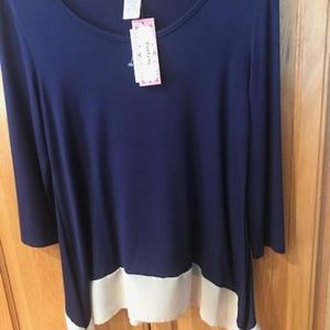 NEW WITH TAGS NAVY & TAN TRIM TOP - SIZE L
